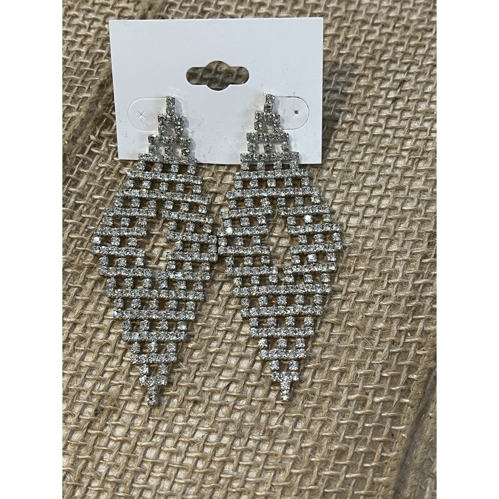 Vintage Y2K Clear Rhinestone Fringe Dangle Pierced Earrings Silver Tone Jewelry